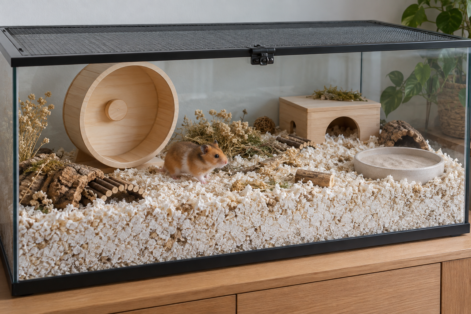A large hamster enclosure with deep bedding and a solid wheel on a cabinet in a small bedroom