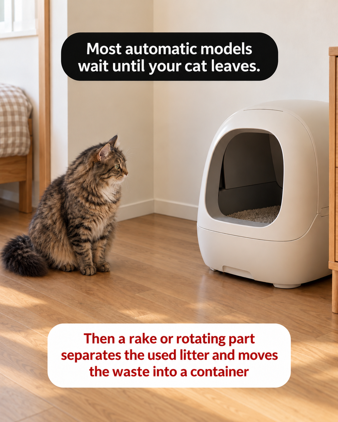A cat in front of a self cleaning litter box
