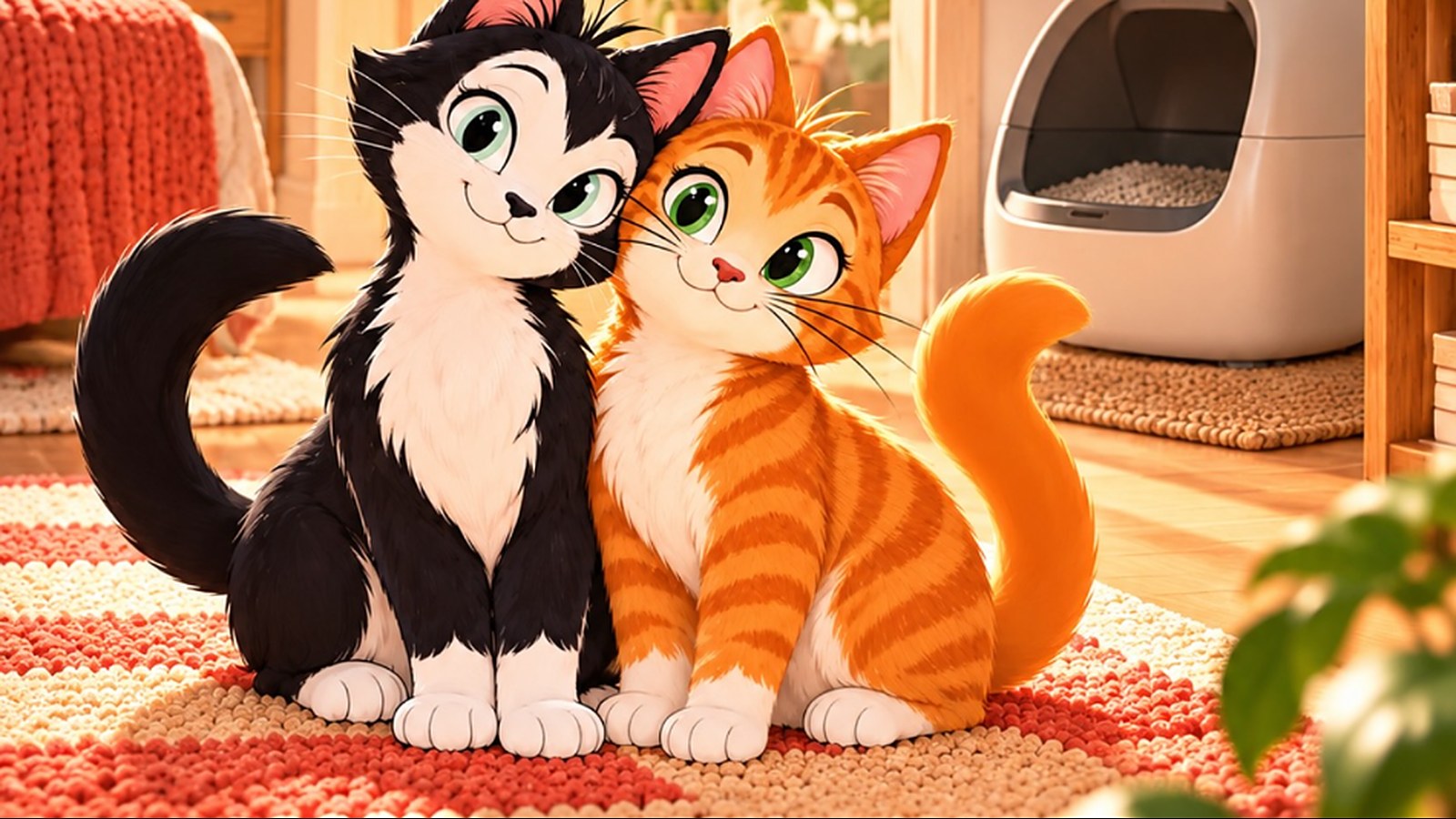 Two cartoon cats, one black and white and one ginger, sitting together on a cosy rug in a small apartment
