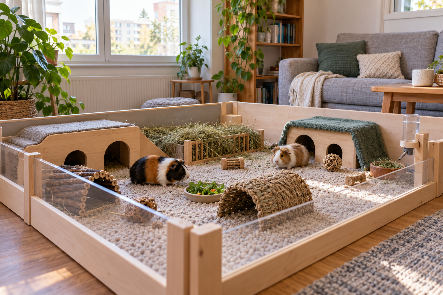 Two guinea pigs in a spacious floor-level pen with hay and hiding places in a small apartment