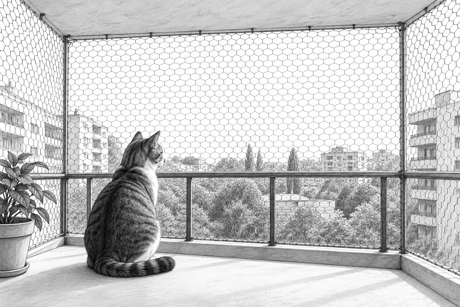 A secured without drilling balcony with a cat street watching
