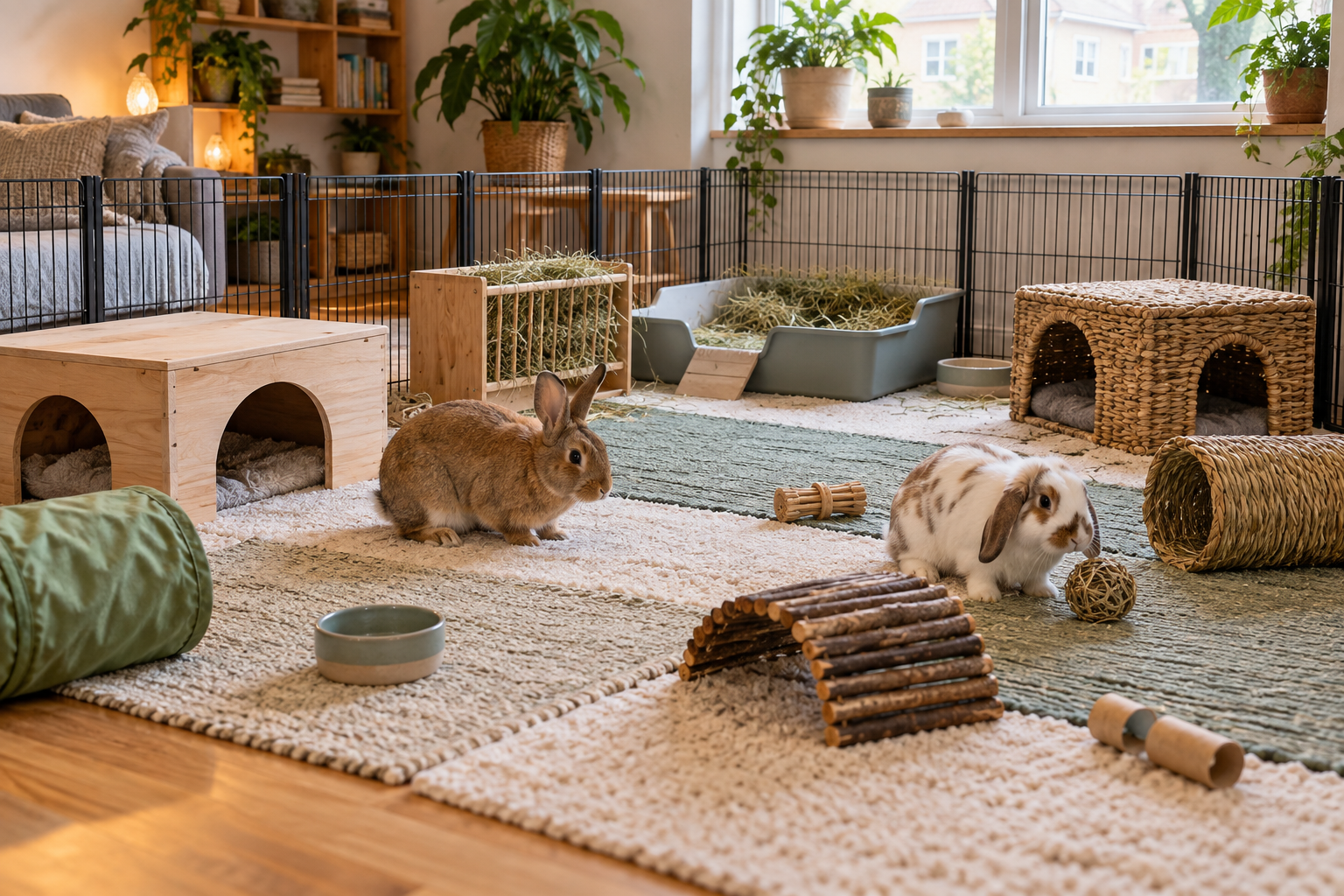 Two rabbits in a spacious indoor pen with hay, litter tray and non slip rugs and tunnels in a small rented room