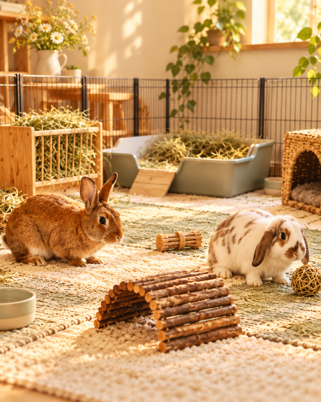 Rabbits in an indoor play den in a small apartment