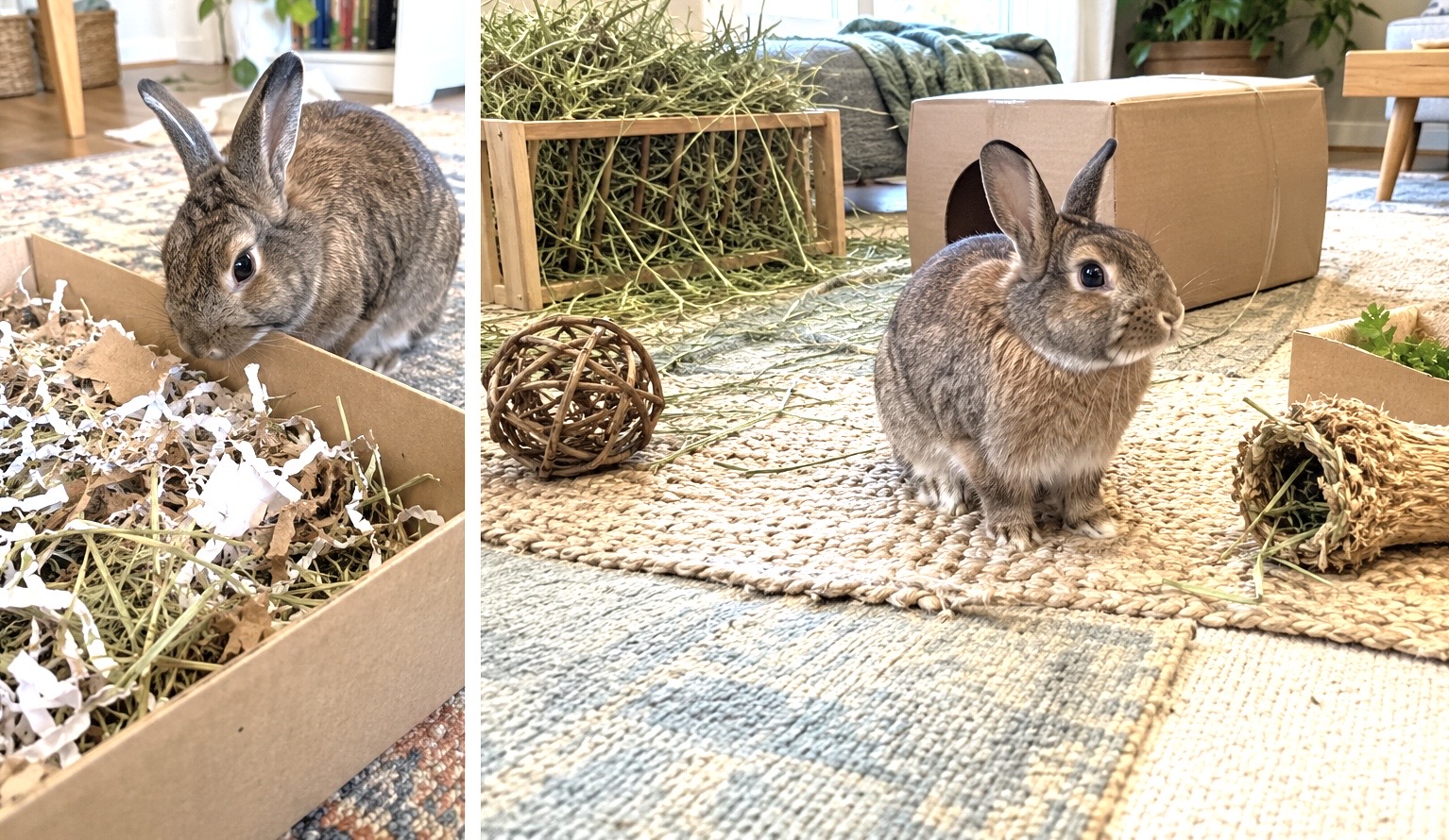 two panel image: one photo shows a rabbit exploring a digging box and the wider photo shows hay and simple enrichment in its space.