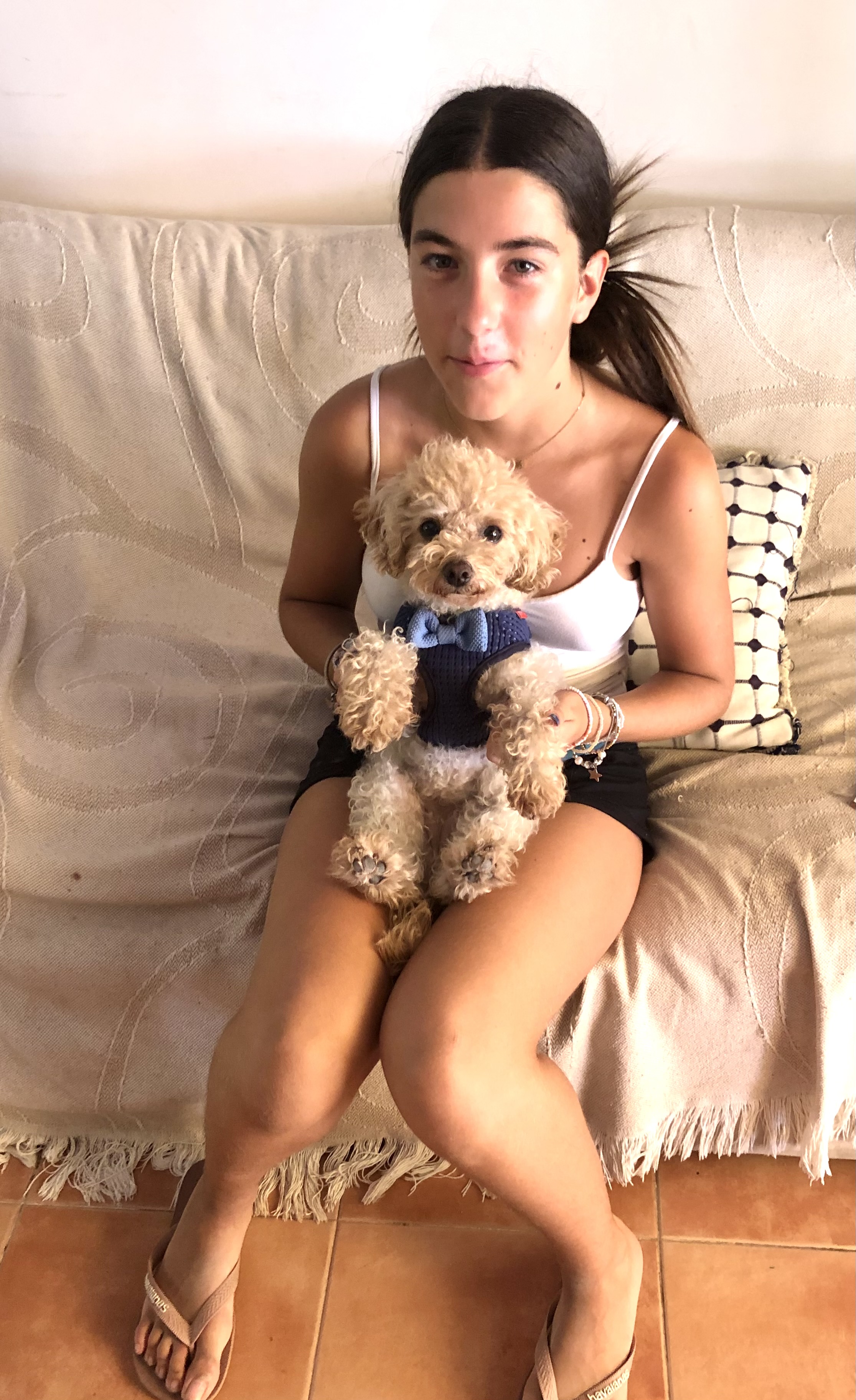 a dog resting in a small sofa with girl