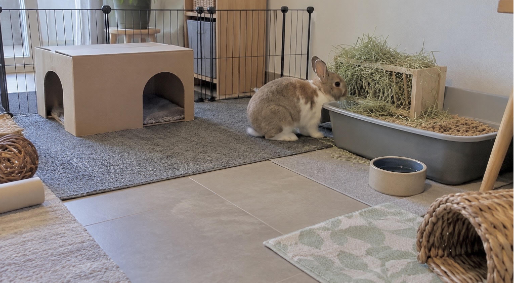 Rabbit in an indoor setup plan with non-slip flooring. hay for a small home